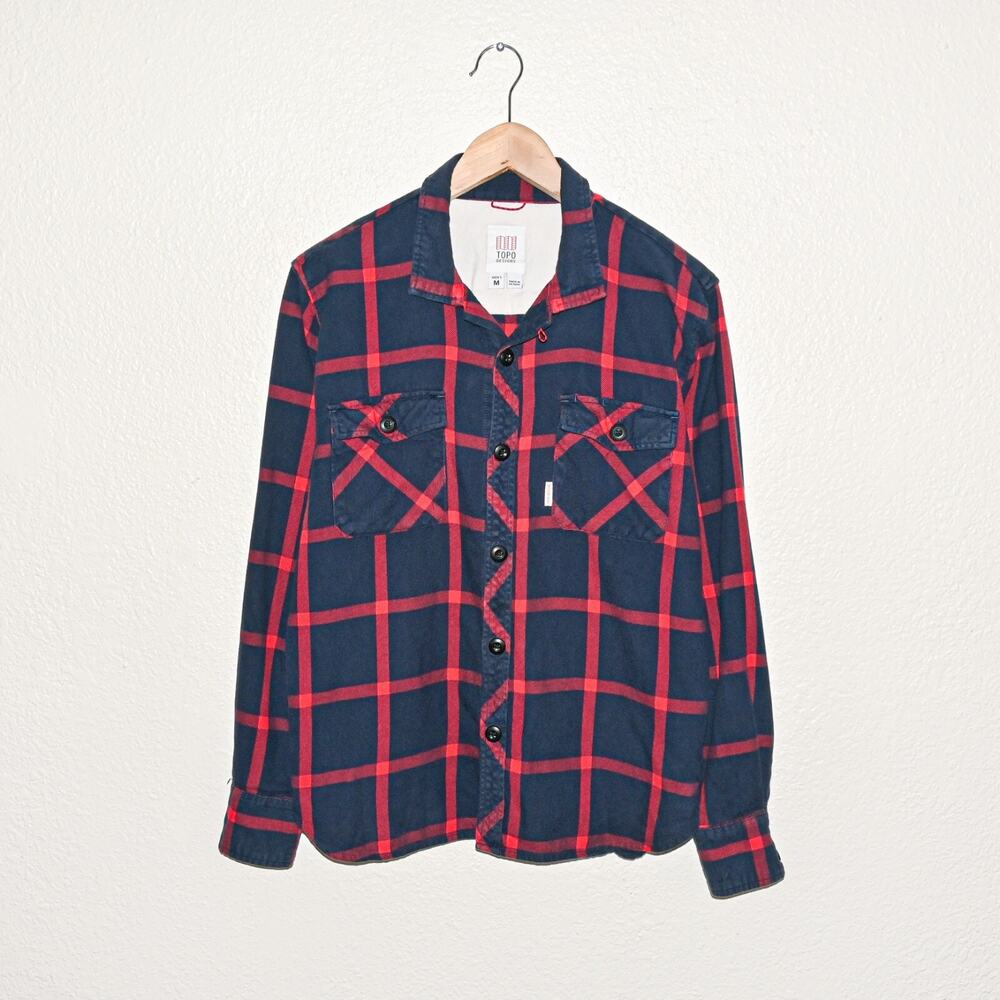 TOPO Designs Men's Field Plaid Shirt in Navy Red cotton size Medium